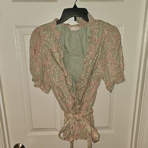 Chic Floral Wrap Blouse - Pastel Green and Pink